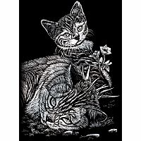 Engraving Art Silver - Mini Tabby Cat & Kitten